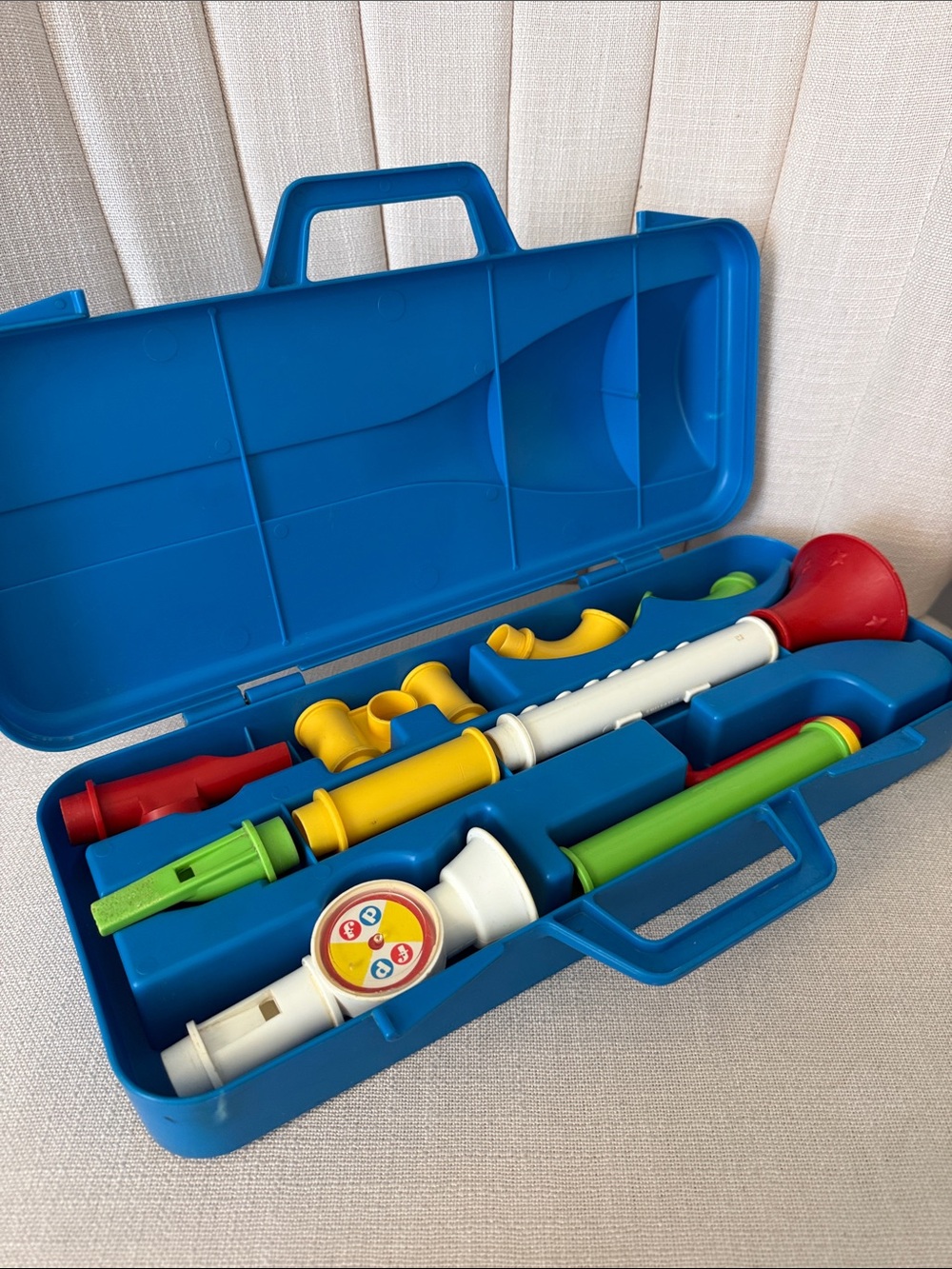 Fisher Price vintage Crazy Combo Horn set complete blue case music toy FP 80s